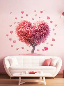 Pink Cartoon Heart Flower Tree Wall Decals Red Heart Wall Stickers Removable Home Art Decor Valentines Day Wall Decals Wedding Anniversary Decor For Girls Bedroom Nursery Room Living Room Decorations - Multicolor - View 1