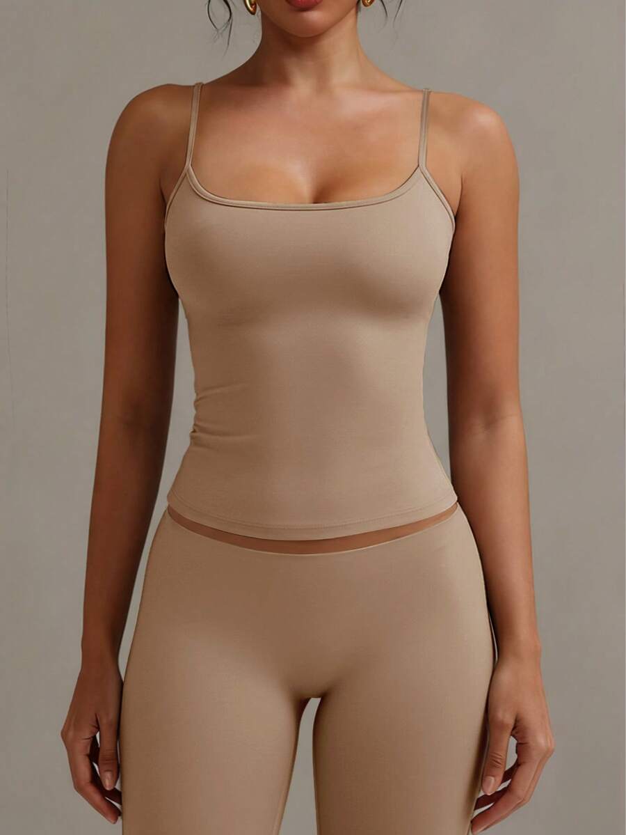 XLLAIS Sexy Backless Women's Camisole, Elastic Casual Spaghetti Strap Tank Top - Khaki - View 1