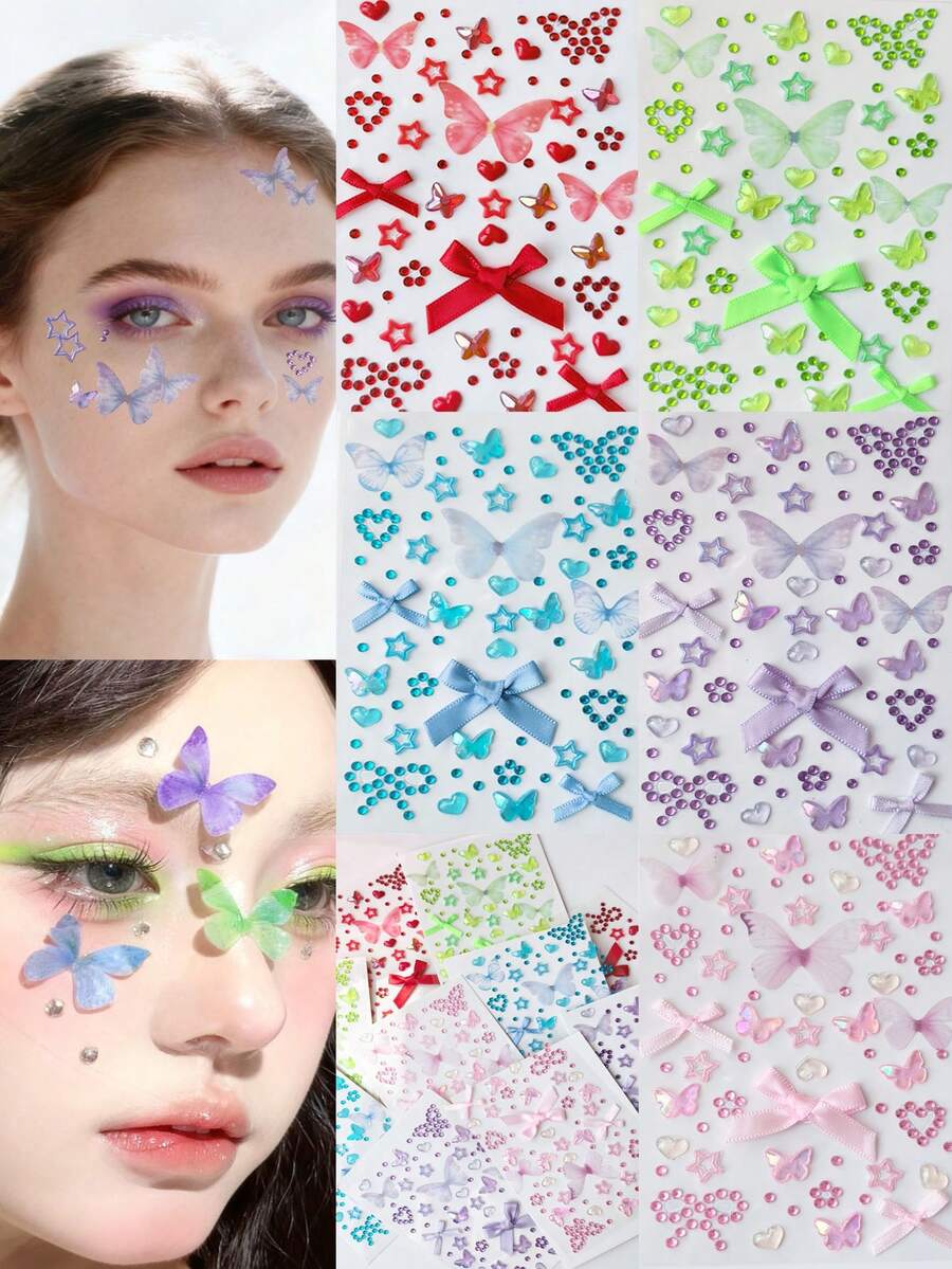 Pink Blue Red Green Cute Butterfly Bow Glittery Stereo Gem Stickers Makeup Holiday Party Y2K Style Music Festival DIY Eyes Face Jewels Stickers Suitable For Dance Performances Parties And Stage Wedding Christmas Fake Tattoos - Multicolor - View 1