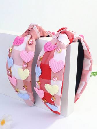 1pc Women's Checkered Heart Shaped Knotted Headband, Retro Cute Design, Polyester Material, Valentine's Day Gift, Hair Band, Hair Hoop
