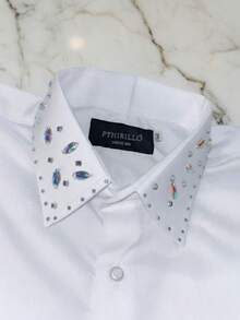 Women's Dress Shirt With Rhinestone Collar | Long-Sleeved Blouse In Plain Fabric With Rhinestone-Decorated Collar - 白色 - 查看 8