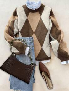 Autumn And Winter Fashionable, Comfortable, Warm, Diamond Pattern, Contrasting Colors, Round Neck, Long Sleeves, Loose Knit Sweater Pullover - Brown - View 6