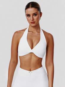 Sodalemon Women's Twist Back Workout Top, V-Neck Padded Solid Color Yoga Casual Sports Bra