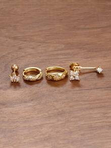 4PCS Exquisite Fashion Stainless Steel Zirconia Hoop Earrings Set For Women 18K Gold Plated Curious Crown Ear Stud Cartilage Piercing Jewelry