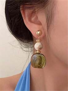 1 Pair Vintage Asymmetrical Tie Dye Acrylic Long Pendant Earrings For Women, European And American Style, Suitable For Party, Banquet, Travel, Wedding, Vacation, Daily Wear, Jewelry Gift - màu xanh lá - Xem 3