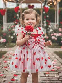 Toddler Baby Girl  Valentine's Day Dress Summer Ruffle Sleeve Heart Tulle Smocked Dress Kids Girls Birthday Party Dresses - 紅色 - 查看 7