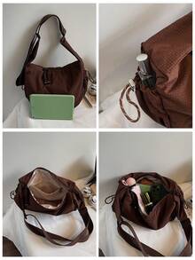 1个复古日系轻便大容量迷你格子布新月形包，简约休闲可折叠多口袋拉链斜挎包，适合休闲、通勤、运动、上学、街头穿着 - 咖啡 - 查看 8