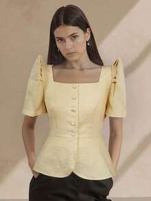 Peplum Butterfly Sleeves Square Collar With Ruffle Edge Thin Jacket For Women - Yellow - View 4