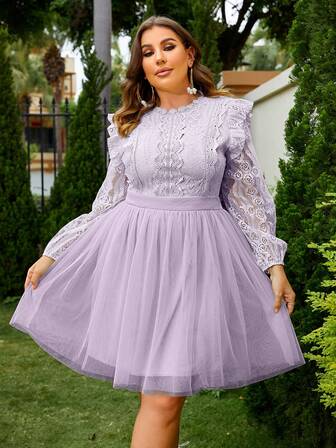 Simplee Plus Size Women's Spring/Summer New Lace Contrast Mesh Hem Dress, Suitable For Wedding Guests, Party Dress