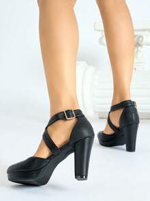 女士高跟鞋，纯色，通勤舒适，百搭，双层交叉绑带，荔枝纹理，包头，圆头，防水台，厚底，搭扣，粗跟，适合派对/宴会，设计精致，商务/办公场合，优雅 - 黑色 - 查看 5