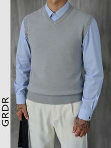 Chaleco de punto casual y versátil de unicolor con cuello en V para hombre GRDR - Gris Claro - Ver 2