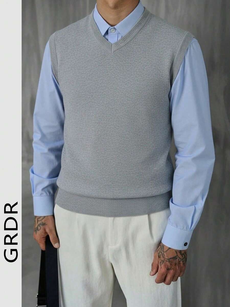 Chaleco de punto casual y versátil de unicolor con cuello en V para hombre GRDR