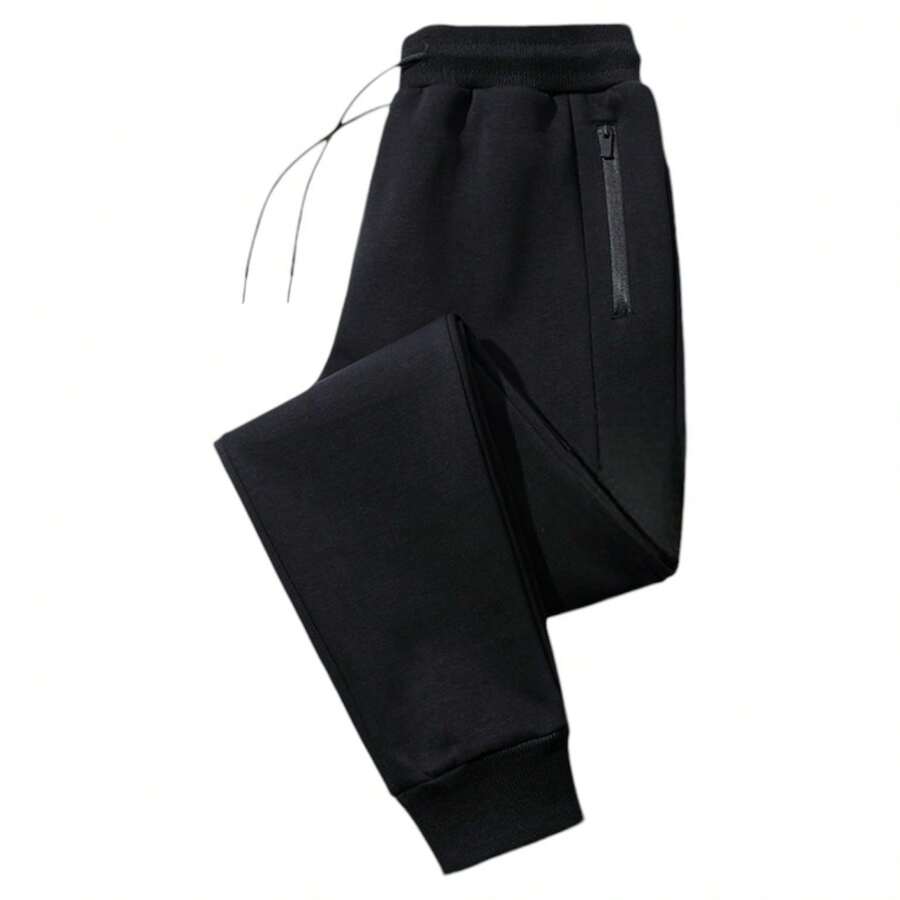Men's Zipper Pockets Fleece Sweatpants/Joggers Cuffed Bottoms - Black - View 1