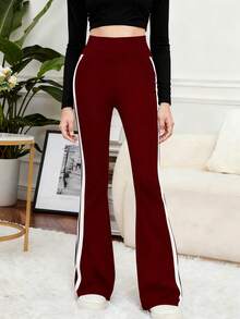 Pantalon de sport à taille haute et jambe évasée, ajusté et élastique. Leggings de fitness à double bande, pantalon décontracté pour jeune fille, pantalon de yoga - Rouge foncé - Voir 3