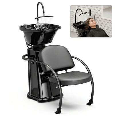 Shampoo Barber Chair With T-Shaped Showerhead, Salon Backwash Station Sink With Adjustable ABS Basin, Hair Washing Bowl For Spa Beauty Salon & Barber Shop, Metal Frame