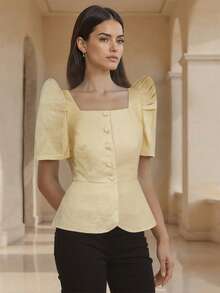 Peplum Butterfly Sleeves Square Collar With Ruffle Edge Thin Jacket For Women - Yellow - View 5
