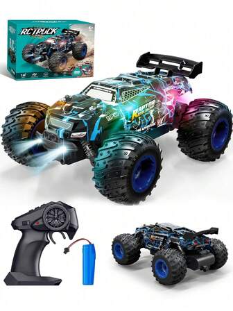 1:18 Scale All Terrain Remote Control Car, 20KM/H, Suitable For Boys, Full-Function RC Truck With Colorful LED Lights, RC Monster Truck Off-Road Racing Toy For 6-12 Years Old Kids And Boys, Great For Christmas, Halloween, Easter Gifts And Beginners
