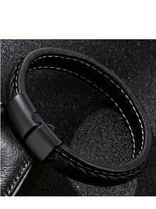 1pc Men's Stylish Braided PU Leather Bracelet, Minimalist & Elegant, Unisex, Accessory, Versatile For Daily Wear, Ideal Gift For Friends, Partners, Holidays And Birthdays - PU Braided White Thread Bracelet With Black Clasp - View 5