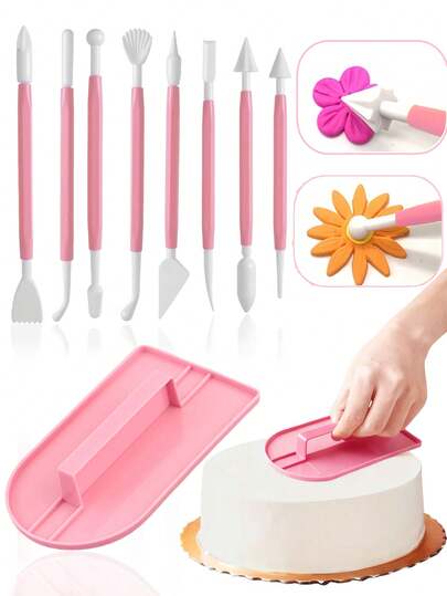 1pc/8pcs/9pcs Cake Decorating Smoother Tool With Handle, Plastic Icing Spatula For DIY Baking, Fondant Cake Surface Polishing And Decorating Tool,Cake Flatterer With Handle,Fondant Cake Decorating Modelling Tools 16 Patterns Carving Flower Craft Clay Modeling Baking Accessories Set,DIY Baking Tool