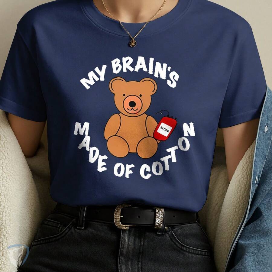 Creative Humor T-Shirt – Teddy Bear With Blood Bag And Funny Phrase - Navy Blue - View 1
