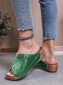 Women's Platform Wedge Slippers/Fashion Sandals/Handmade Stitched Shoes/Versatile/Unique/Outdoor - Green - View 4