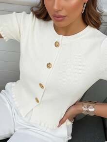 Maglietta lavorata a maglia estiva da donna con design a bottone sulle orecchie, beige, maglione lavorato a maglia casual ed elegante a maniche corte, adatto per appuntamenti e uso quotidiano, bianco - Bianco - Visualizzare 4