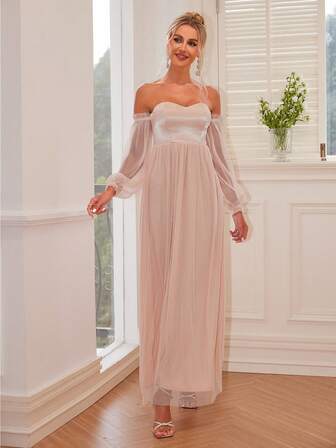 Joyfunear Women's Elegant Mesh Lantern Sleeve Off-Shoulder Long Dress