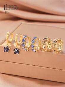 Hihho Set de 6 piezas de aretes con diseño hueco tallado y con incrustaciones de circonita en estilo vintage y colorido, un conjunto de aretes con flores en forma de corazón, un regalo de moda para mujeres para uso diario, viajes y fiestas - Amarillo Oro - Ver 13