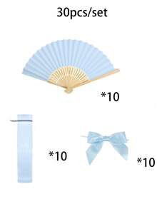 Elegant Fan Set, Including Bow And Gift Bags, Bridal Bamboo Handheld Folding Fan, Suitable For Bridesmaid Gifts And Wedding Decorations, Perfect For Parties And Events, Perfect Summer Accessory - Baby Blue - View 10
