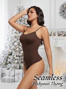 1pc Seamless Butt Lifting & Shaping Jumpsuit, Comfortable Elastic Straps, Tummy Control, Thong, Women Seamless Shapewear, Tummy & Butt Lifting Jumpsuit With Thong - Coffee Brown - View 7