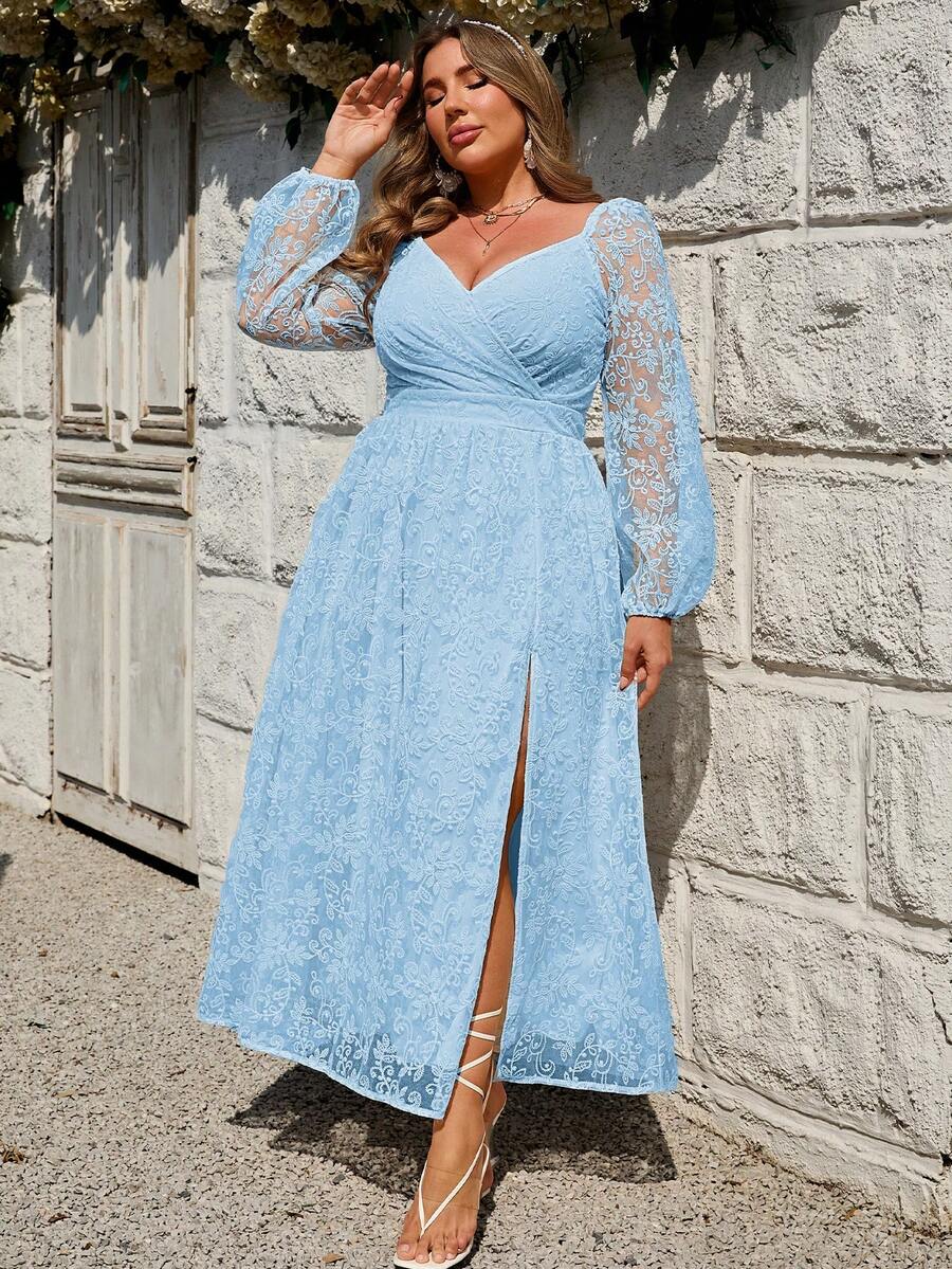 Simplee Plus Size Women's Spring/Summer New Elegant Embroidered Mesh V-Neck Long Sleeve Split Maxi Dress, Formal Gown Suitable For Parties, Weddings - Blue - View 1