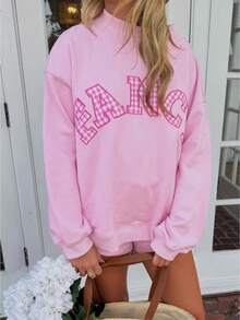 Women Y2k 2 Piece Outfit Sweat Set Loose Fit Casual Letter Embroidered Long Sleeve Sweatshirt Graphic Hoodies And Wide Leg Shorts Set Tracksuit Set Streetwear Preppy Aesthetic Clothes For Beach Vacation - 亮粉紅色 - 查看 1