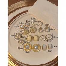 9Pcs Set Elegant Minimalist Moonlight Moon Shell Flower Earrings, Faux Pearl Delicate Glamorous Geometric Crystal Drop Earrings Set For Women, Suitable For Daily And Festive Wear - 設定 - 查看 11