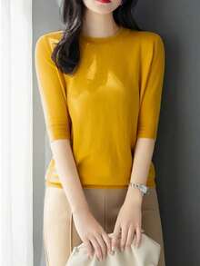 女式细针织立领中袖套头衫，时尚优雅宽松五分袖打底衫，春秋季 - 黃色 - 查看 4