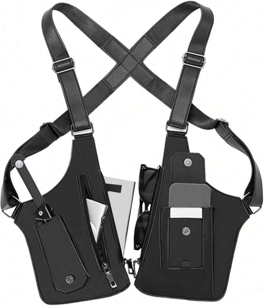 Leather Shoulder Armor Hidden Underarm Strap Wallet Adjustable Anti Pickpocket Accessories With Double Bag For Men, Women Leather Armor (Can Hold A Mobile Phone) - 黑色 - 查看 1