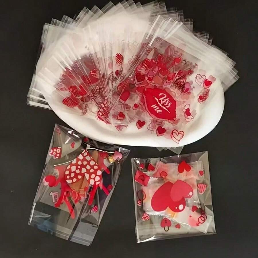 100pcs Heart Print Gift Bags, Happy Valentine's Day Gift Packaging Bags With Self-Adhesive - Suitable For Events, Parties, Weddings, Engagements, Anniversaries, Valentine's Day - Multicolor - View 1