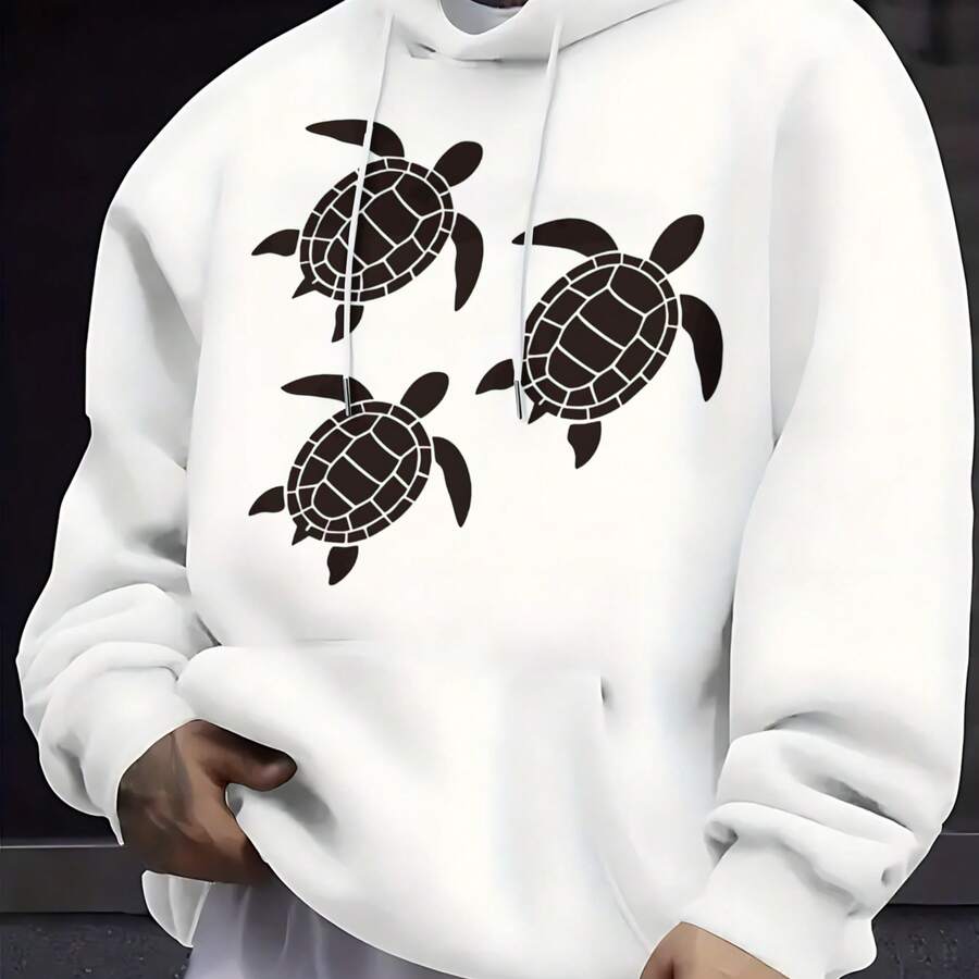 Black Turtle Print Hoodie For Everyday Wear - Putih - View 1