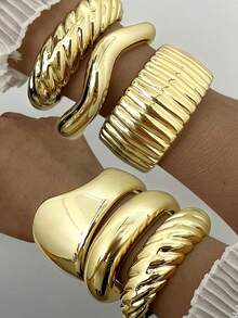 25/15/13/12/7/5pcs Chunky, Vintage Multi-Piece Stackable Bracelets Set - Floral, Geometric, Teardrop, Beaded, Wave, Heart, Embossed, Love Text, Twisted, Chain, Asymmetrical, Braided, Smooth, Minimalist, Metal, Exaggerated, Thick Cuff, Fashion, Elegant, Retro, Cute, Holiday, Party, Daily Wear - Yellow Gold - View 3