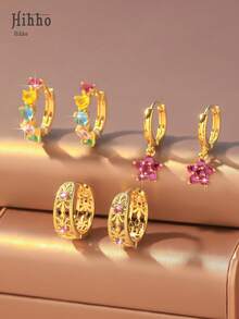 Hihho Set de 6 piezas de aretes con diseño hueco tallado y con incrustaciones de circonita en estilo vintage y colorido, un conjunto de aretes con flores en forma de corazón, un regalo de moda para mujeres para uso diario, viajes y fiestas - Amarillo Oro - Ver 12