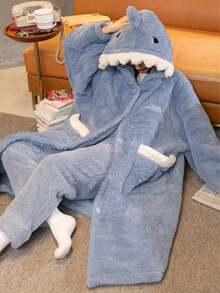 女士舒适鲨鱼主题珊瑚绒睡袍 - 可爱、厚实、温暖的冬季家居服，带口袋，舒适的法兰绒，万圣节和圣诞节必备睡袍，保暖防寒