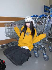 星形字母印花美式长袖T恤，秋季宽松休闲街头风女装上衣 - 黃色 - 查看 3