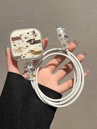 3-In-1 Cute Dog, Polka Dot, Cat, Tulip Pattern Protective Case & Cable Sleeve Set Compatible With Apple 18W/20W Charger