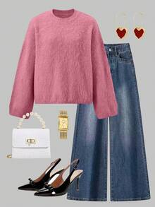 Suéter de punto esponjoso de cuello redondo liso para mujer, top holgado y acogedor para otoño e invierno - Rosa - Ver 5