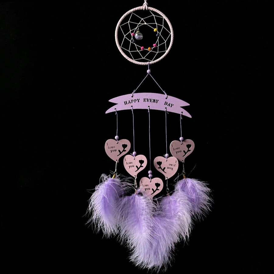 Atrapasueños de plumas con forma de corazón de cuentas de colores, decoración colgante para pared, dormitorio, sala de estar o hogar. - Morado - Ver 1