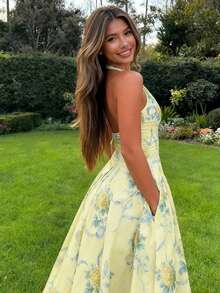 女士休闲优雅性感露背蝴蝶结口袋修身连衣裙，波西米亚风荷叶边腰部A字连衣裙，春夏秋季 - 彩色 - 查看 1