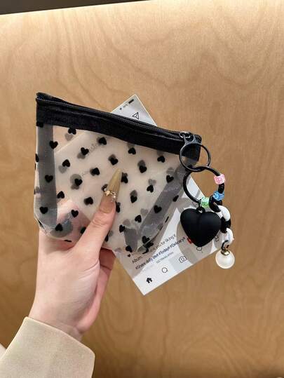 Nuova borsa portatile a pois con cuori floccati in rete, adatta per riporre auricolari, cavi, rossetti, design minimalista versatile con pendente, autunno/inverno