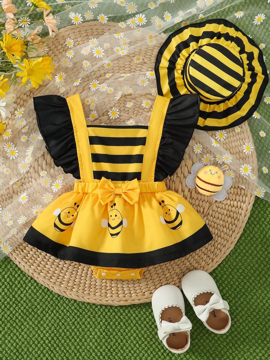 2pcs Newborn Casual Cute Woven Contrast Ruffle Trim Bee Print Bodysuit Dress & Hat Set, Summer Daily Outfit - Yellow - View 1