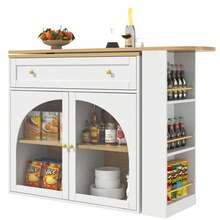 Ausziehbarer Bartisch mit Stauraum (138-204*39*104cm), 360° drehbare Essbar,Moderner Beweglicher Bar Table,Hochtisch Kücheninsel Bistro Table, Sideboardschrank mit Regalen und Glas,Schwarz - Branco - Ver 7