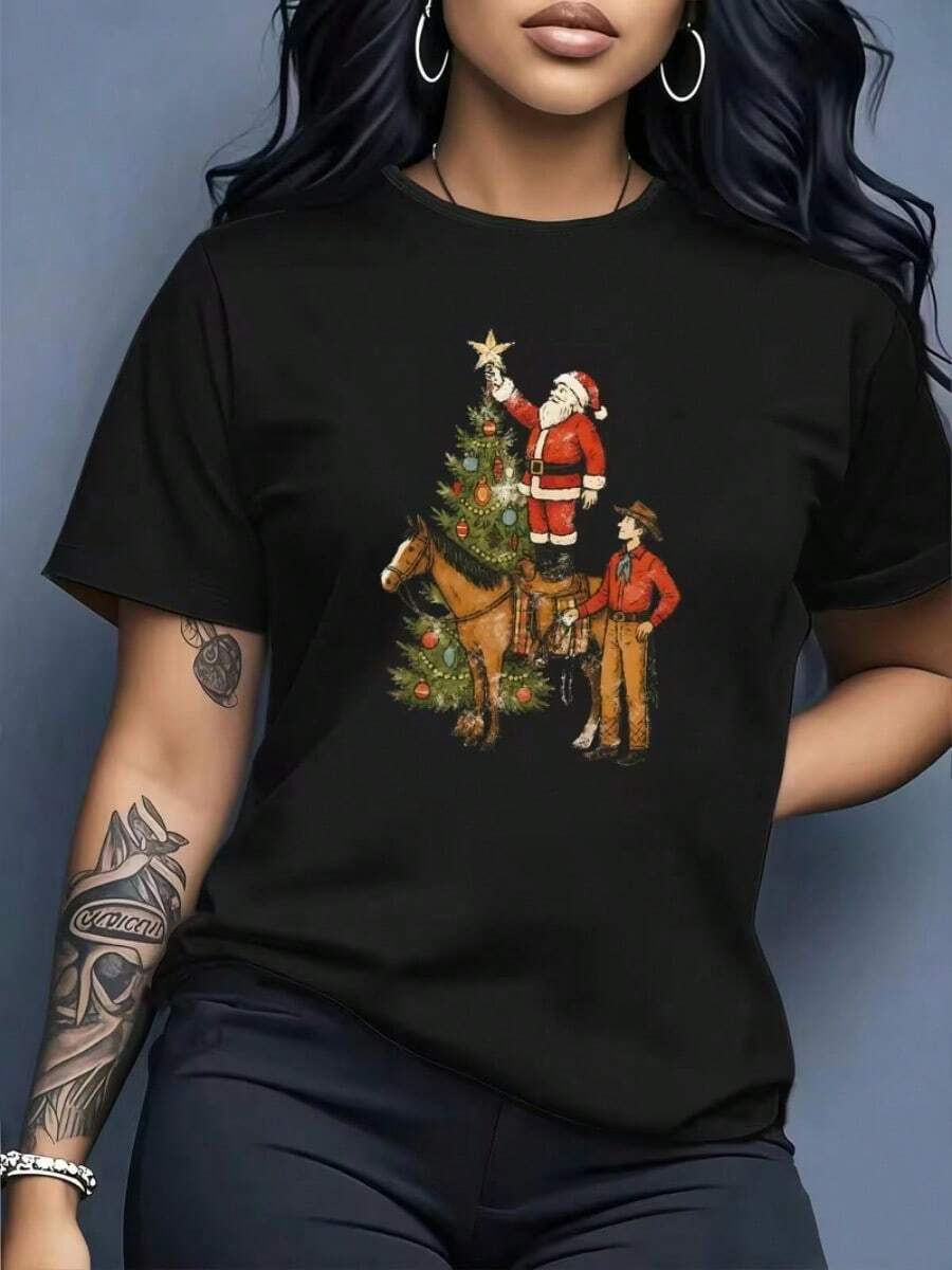 Camiseta informal de mujer con estampado navideño, cómoda camiseta de manga corta y cuello redondo, adecuada para primavera y verano, fiestas navideñas y conjuntos de invierno, apropiada para cualquier ocasión, color liso, estilo informal, fiesta de Navidad, Día de San Patricio, reunión familiar, uso diario. - Negro - Ver 1