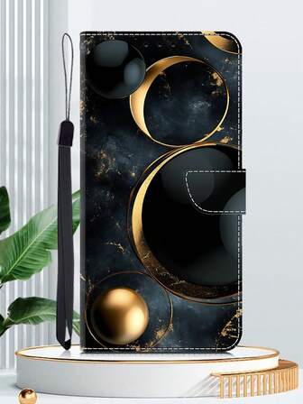 GLANDOTU Schwarze goldene geometrische Metall-Klapphülle mit Schlaufe, Kartenfach und Ständer, stoßfeste Schutzhülle aus Kunstleder, kompatibel mit verschiedenen Handy-Marken und -Modellen